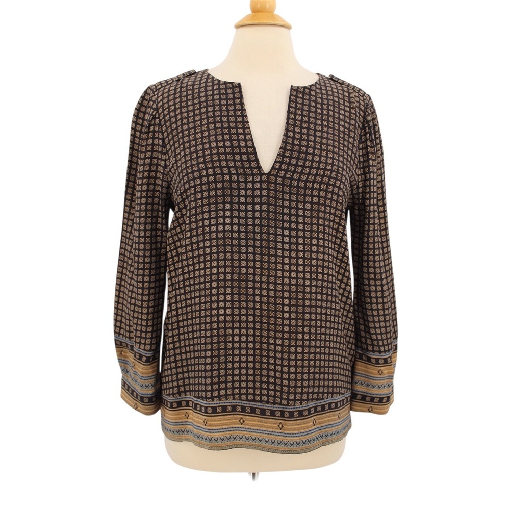 JOIE Split Neck Blouse‎ Small 100% Silk Pullover Pleated Black Brown Luxe Classy